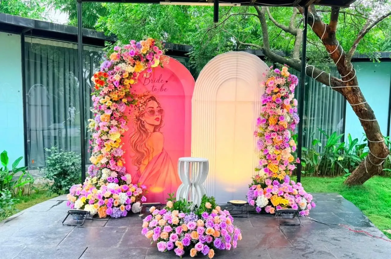 Bride to Be Decor with artificial flowers, natural leaves and some flowers and welcome board.