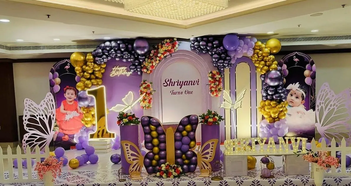 Premium Butterfly Purple Theme with balloons, neon light, LED name & butterflies, 4 cutouts, lights  and welcome board.