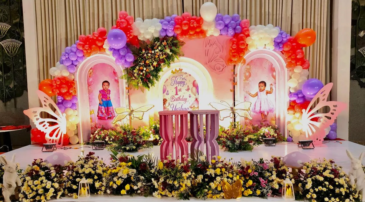Premium Butterfly Theme with beautiful balloons Arch, neon light, LED butterfly, 3 cake table and welcome board.